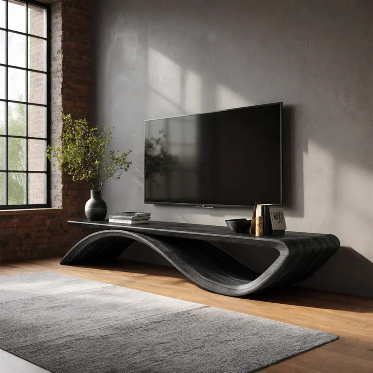 Sculptural Wave Natural Solid Wood TV Stand with Open Base Design - Woodenecho