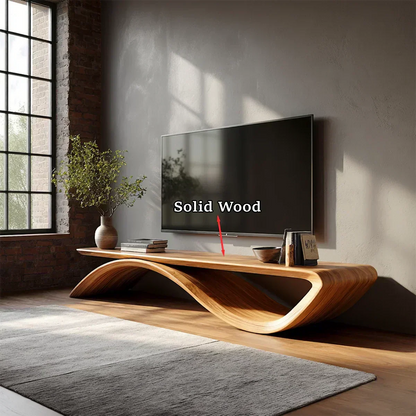 Sculptural Wave Natural Solid Wood TV Stand with Open Base Design - Woodenecho