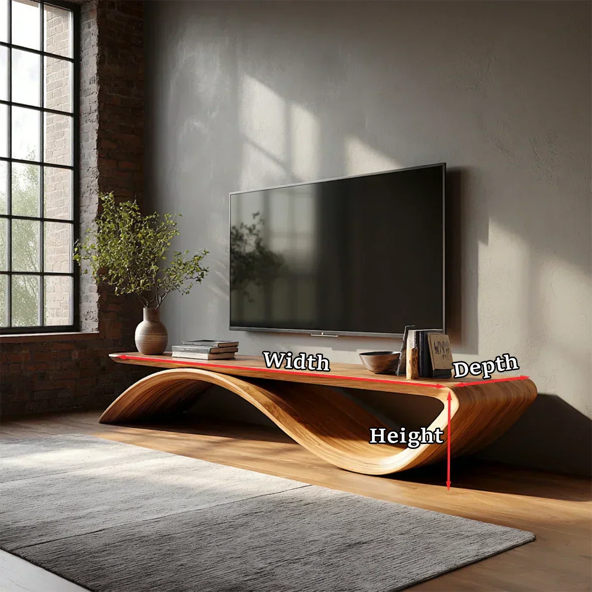 Sculptural Wave Natural Solid Wood TV Stand with Open Base Design - Woodenecho
