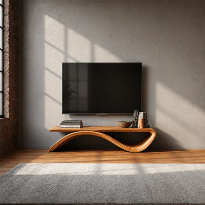 Sculptural Wave Natural Solid Wood TV Stand with Open Base Design - Woodenecho