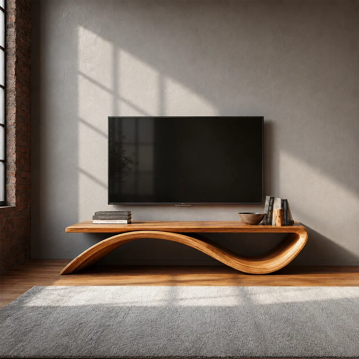 Sculptural Wave Natural Solid Wood TV Stand with Open Base Design - Woodenecho