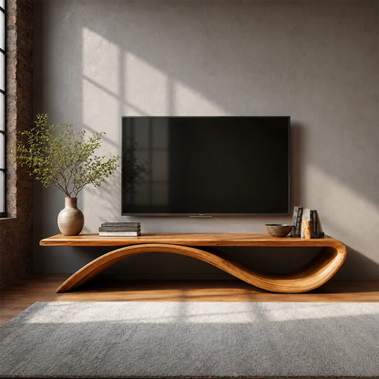 Sculptural Wave Natural Solid Wood TV Stand with Open Base Design - Woodenecho