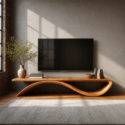 Sculptural Wave Natural Solid Wood TV Stand with Open Base Design - Woodenecho