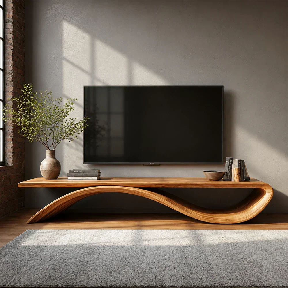 Sculptural Wave Natural Solid Wood TV Stand with Open Base Design - Woodenecho