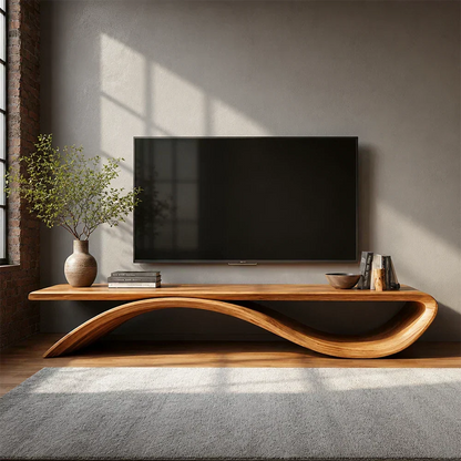 Sculptural Wave Natural Solid Wood TV Stand with Open Base Design - Woodenecho