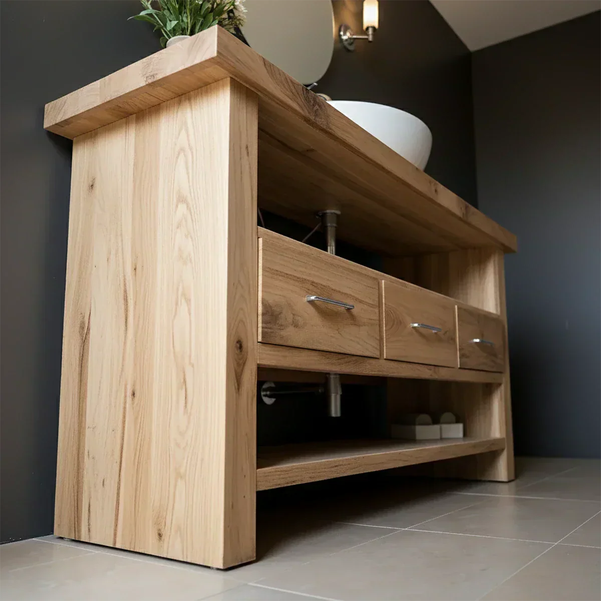 Single Sink Solid Wood Bathroom Vanity – Japandi Minimalist Design - Elitegemse
