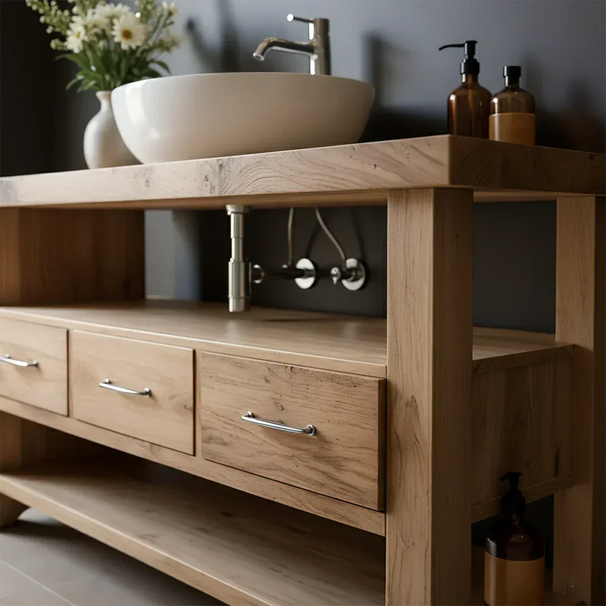 Single Sink Solid Wood Bathroom Vanity – Japandi Minimalist Design - Elitegemse