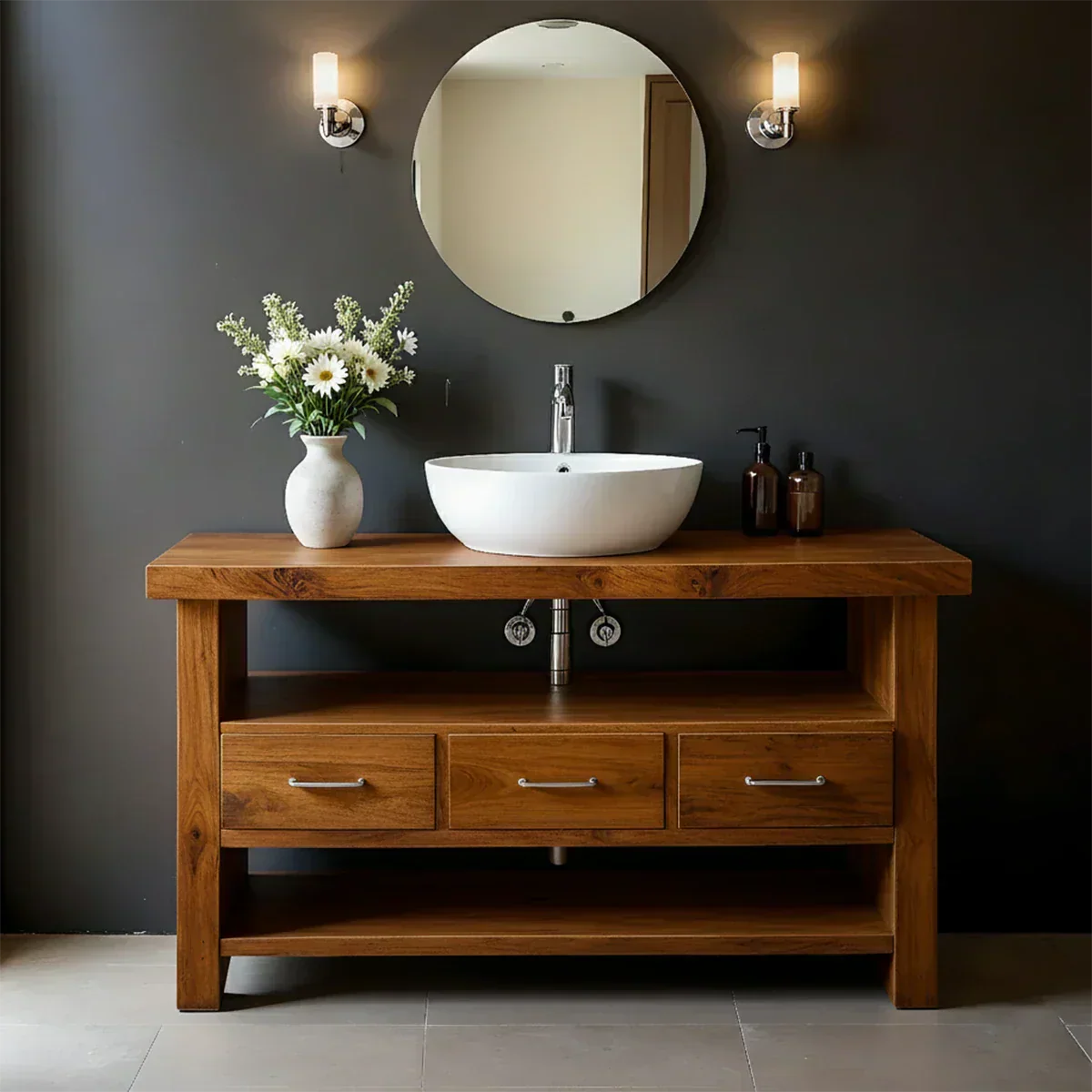 Single Sink Solid Wood Bathroom Vanity – Japandi Minimalist Design - Elitegemse