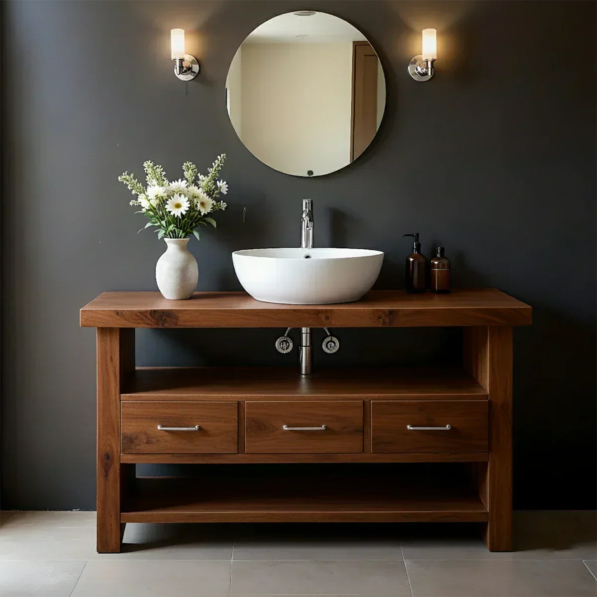 Single Sink Solid Wood Bathroom Vanity – Japandi Minimalist Design - Elitegemse