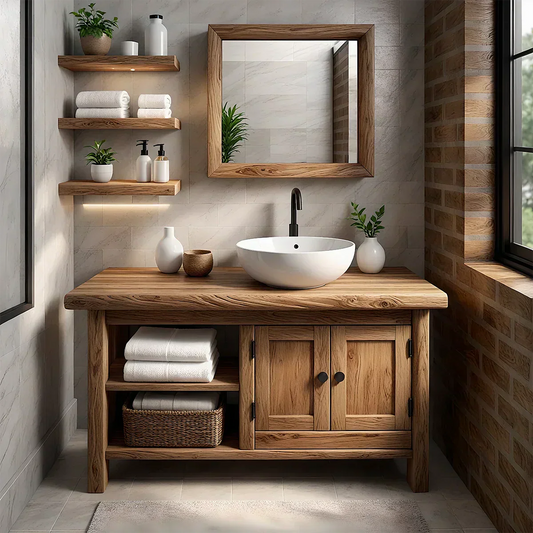 Solid Oak Bathroom Vanity – Natural Wood Cabinet with Open Shelf - Elitegemse