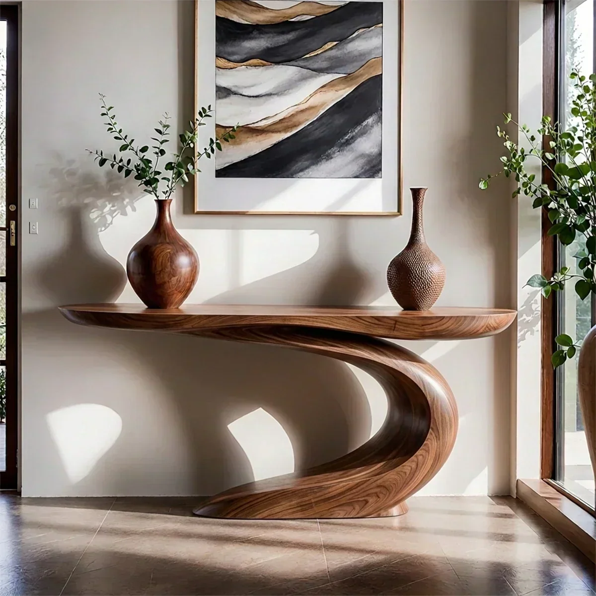 Solid Walnut Finish Wave Console Table – Modern Sculptural Design - Woodenecho