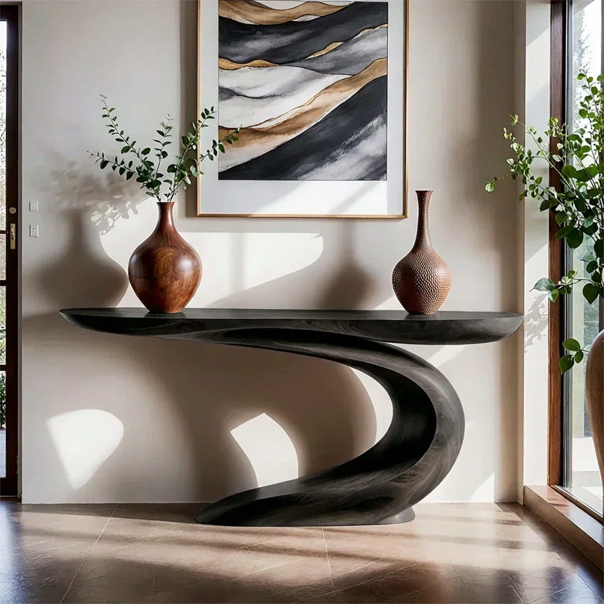 Solid Walnut Finish Wave Console Table – Modern Sculptural Design - Woodenecho