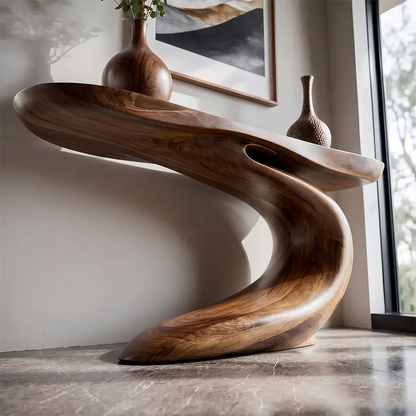 Solid Walnut Finish Wave Console Table – Modern Sculptural Design - Woodenecho