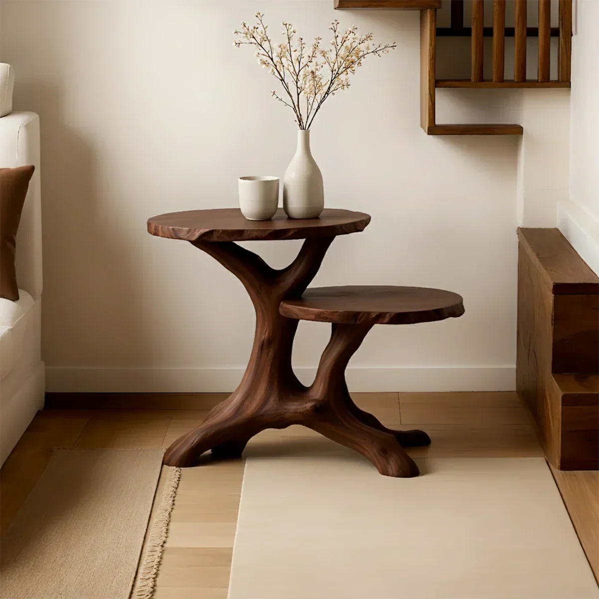 Solid Wood Accent Table – Modern Sculptural Branchform Duo Design - Rustirawood