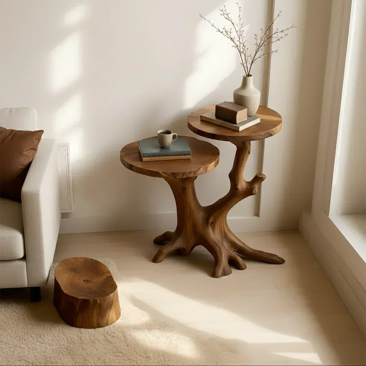 Solid Wood Accent Table – Modern Sculptural Branchform Twin Design - Woodenecho