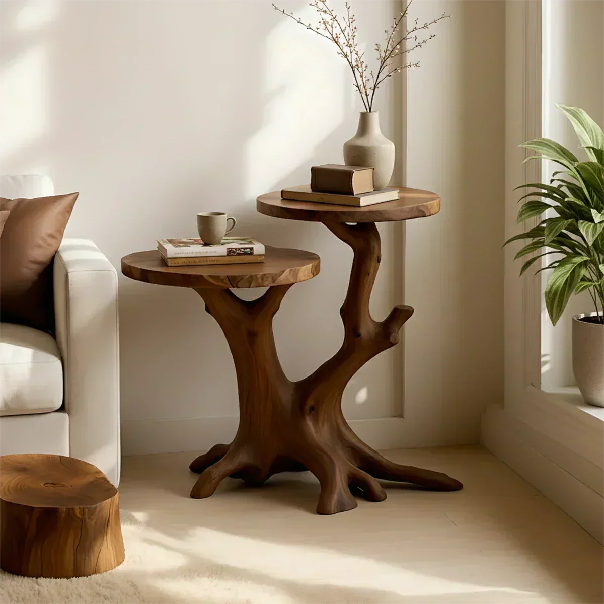 Solid Wood Accent Table – Modern Sculptural Branchform Twin Design - Woodenecho