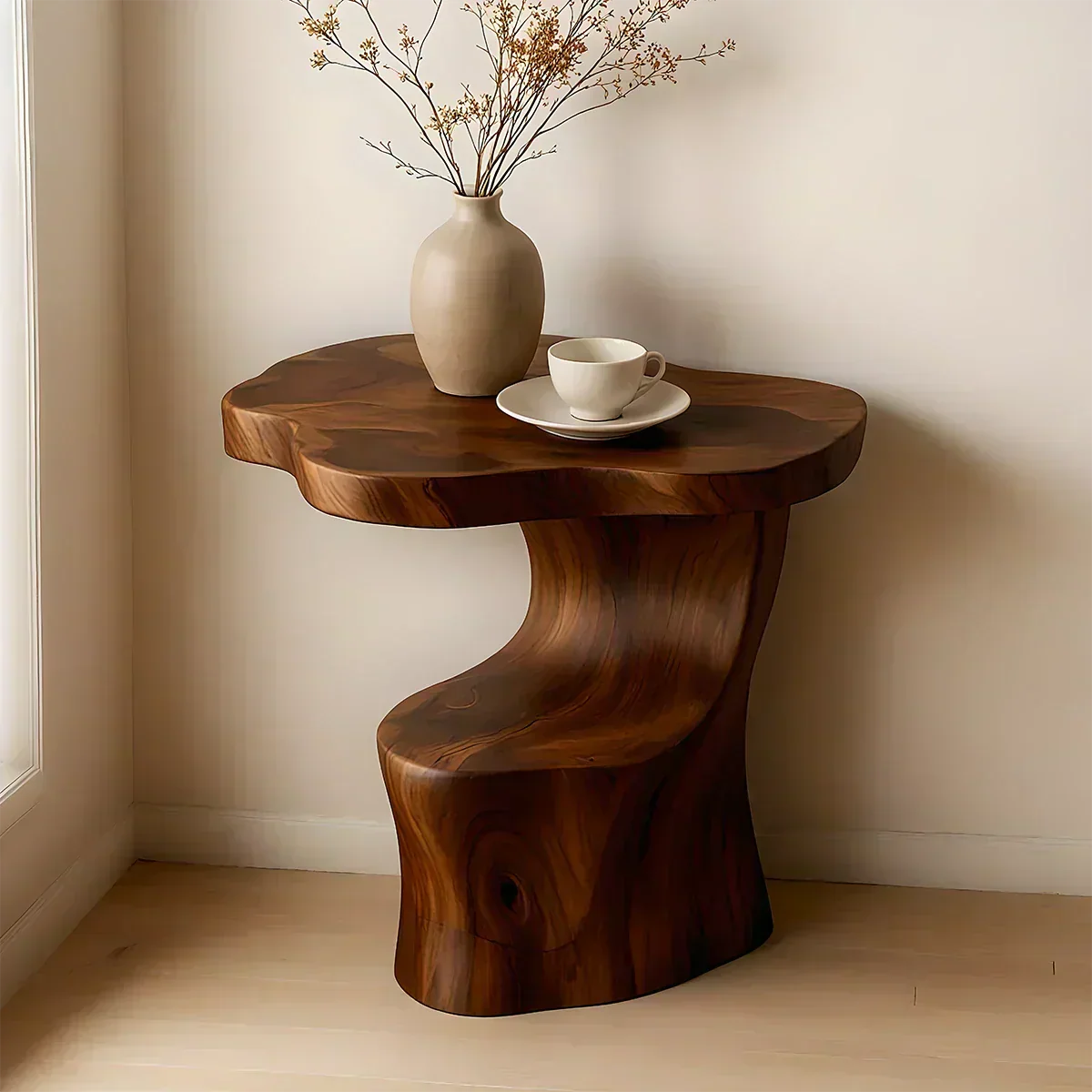 Solid Wood Accent Table – Modern Sculptural Flowform - Woodenecho