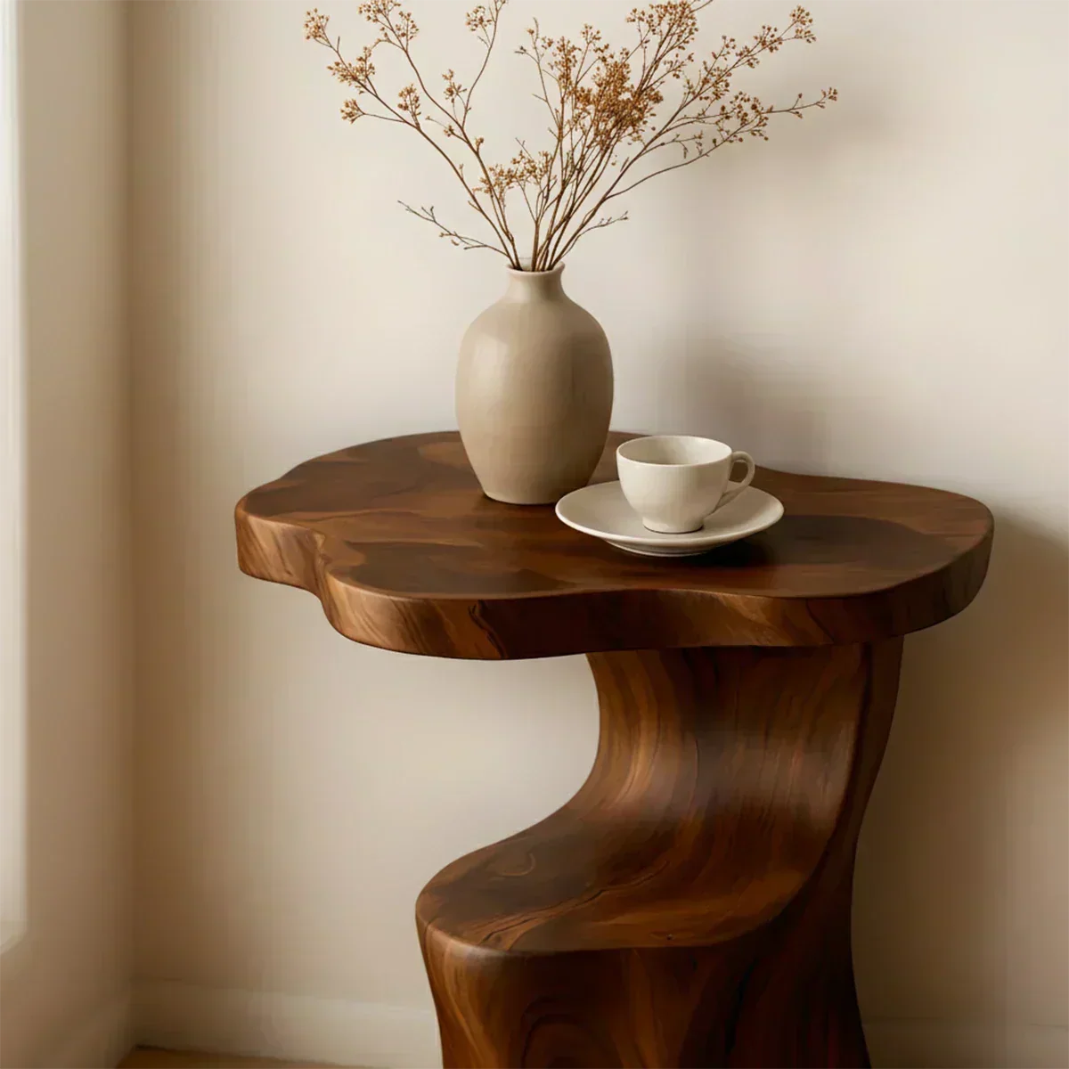Solid Wood Accent Table – Modern Sculptural Flowform - Woodenecho