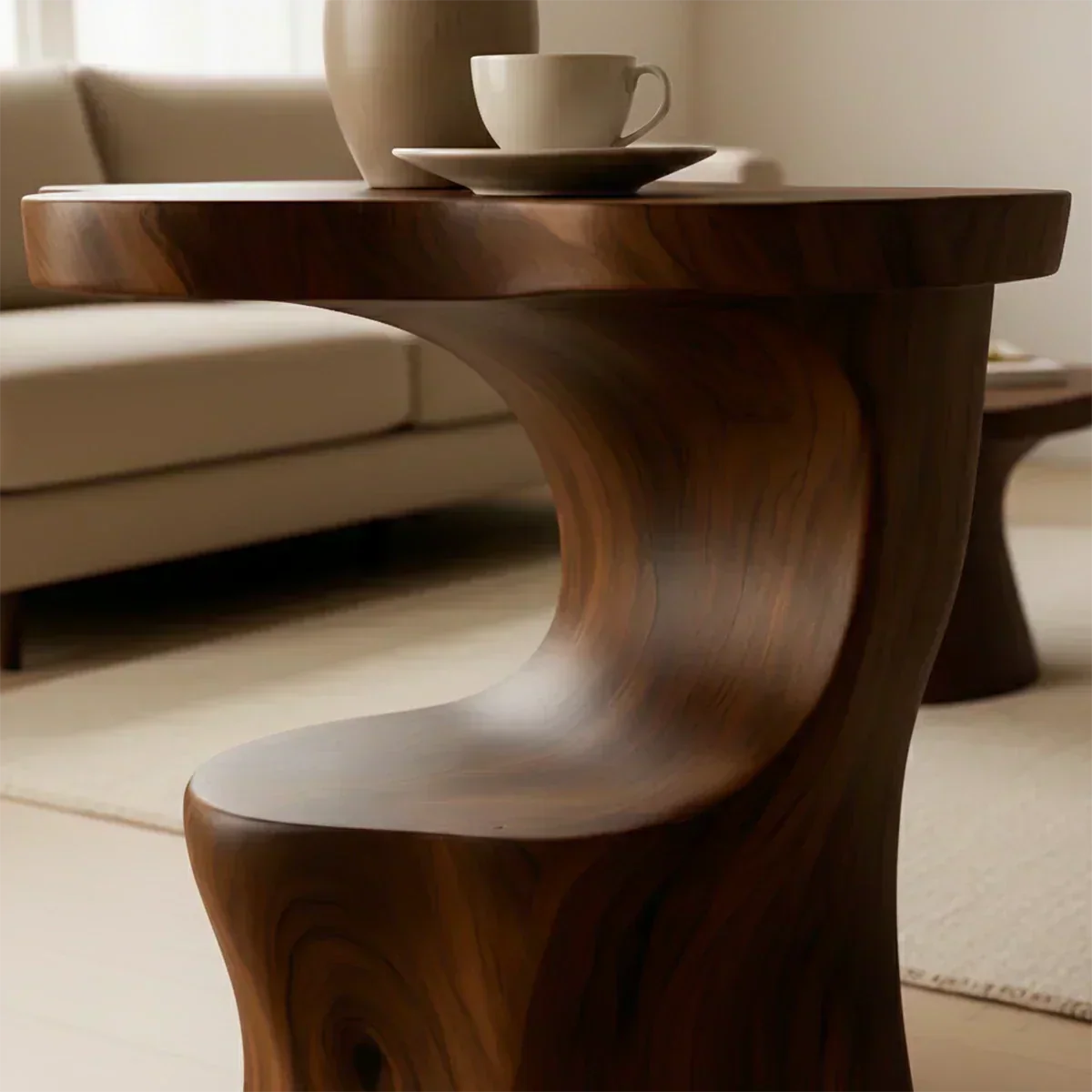 Solid Wood Accent Table – Modern Sculptural Flowform - Woodenecho