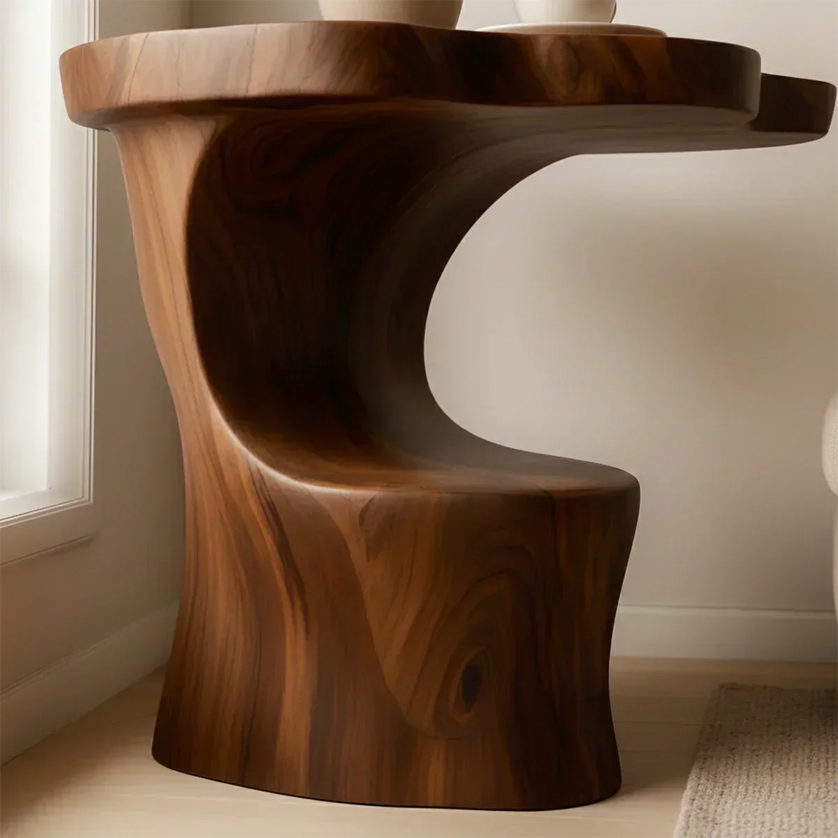 Solid Wood Accent Table – Modern Sculptural Flowform - Woodenecho