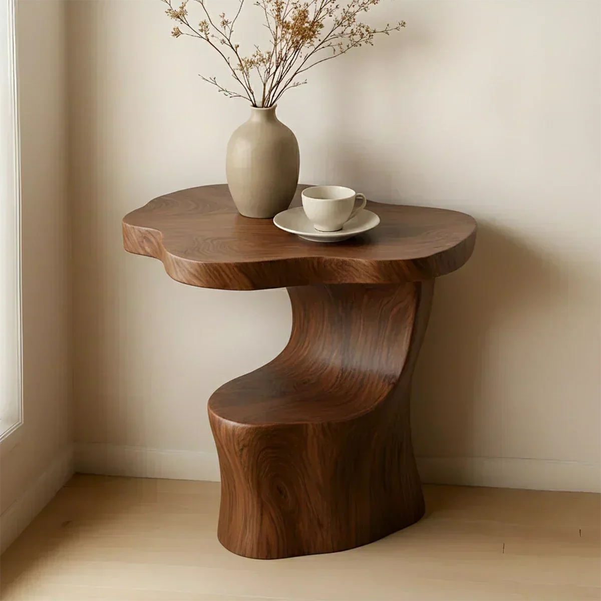 Solid Wood Accent Table – Modern Sculptural Flowform - Woodenecho