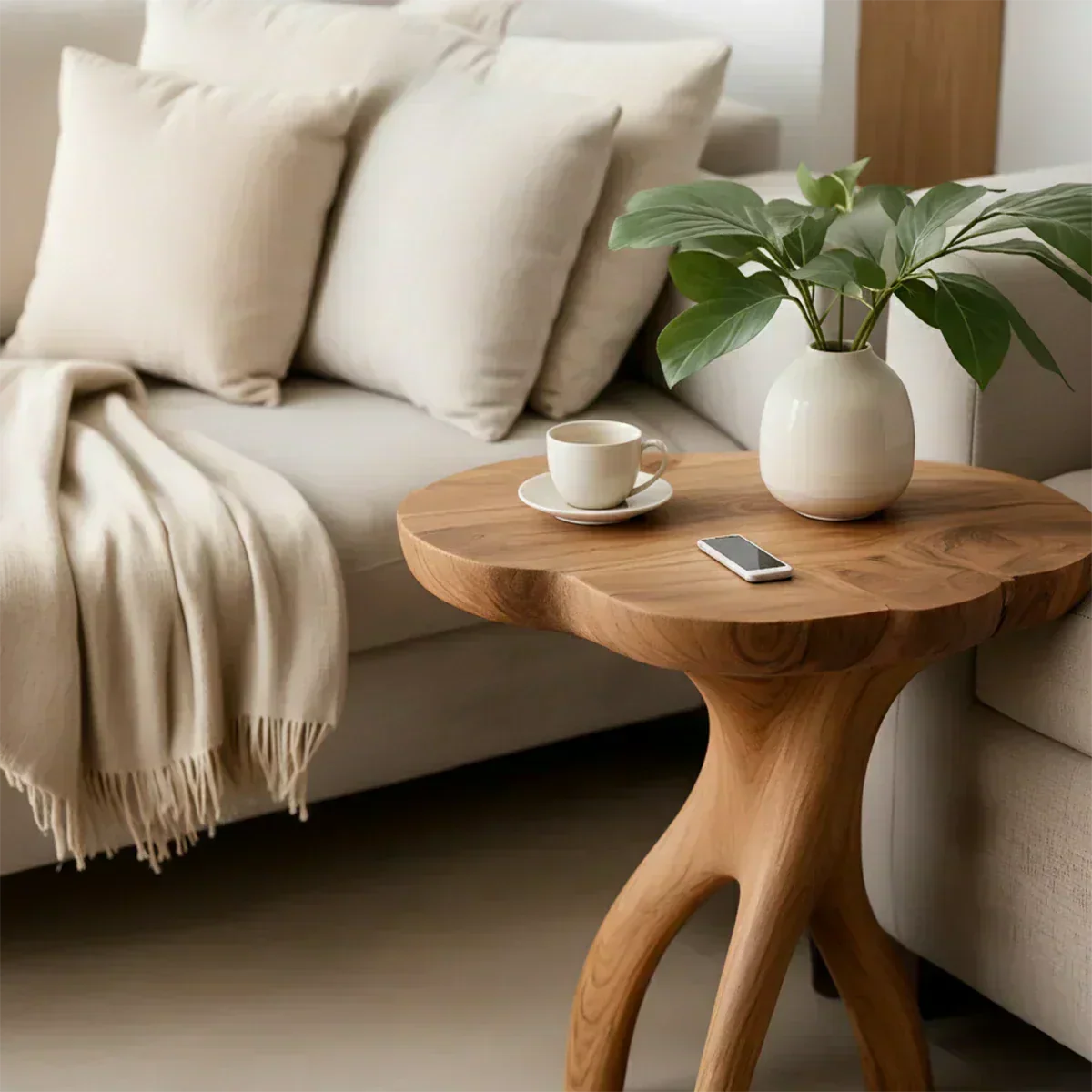 Solid Wood Accent Table – Modern Sculptural Tri-Branch Design - Woodenecho