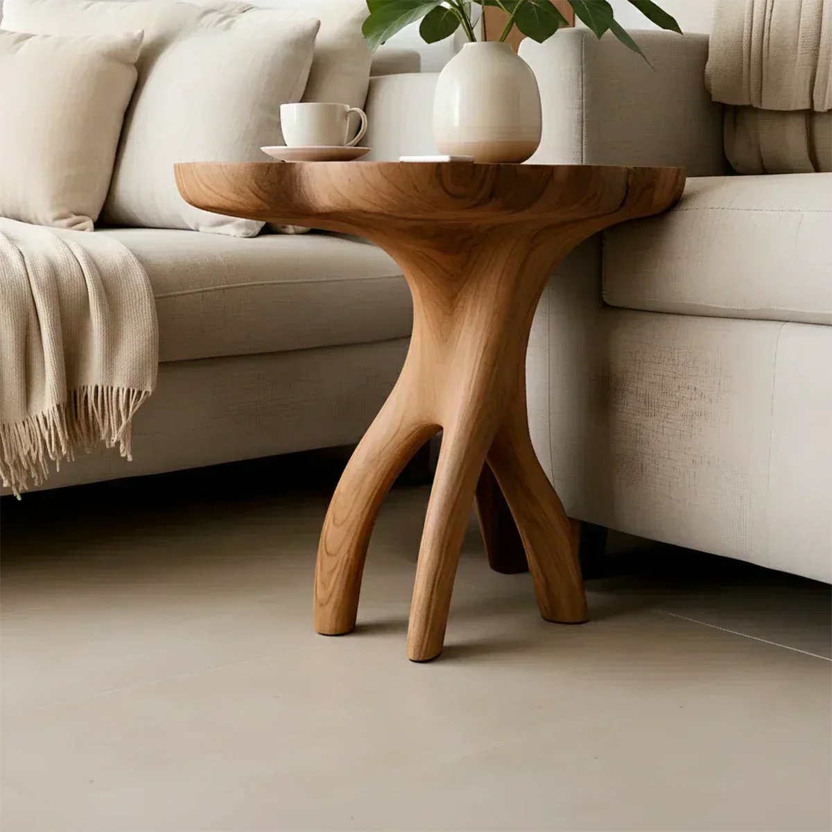 Solid Wood Accent Table – Modern Sculptural Tri-Branch Design - Woodenecho