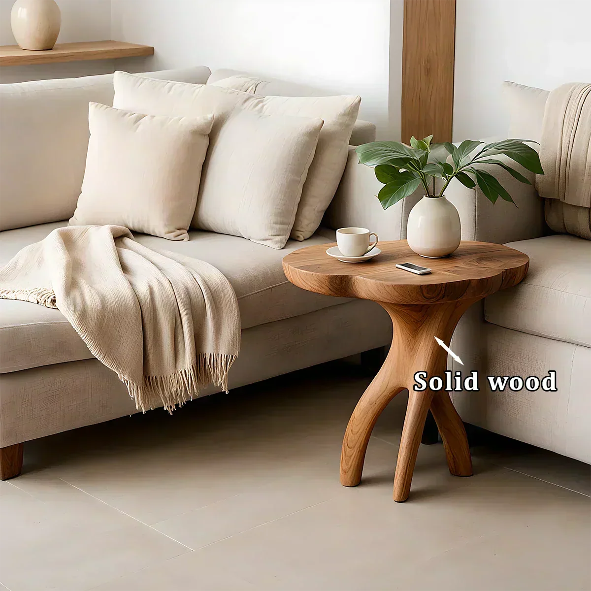 Solid Wood Accent Table – Modern Sculptural Tri-Branch Design - Woodenecho