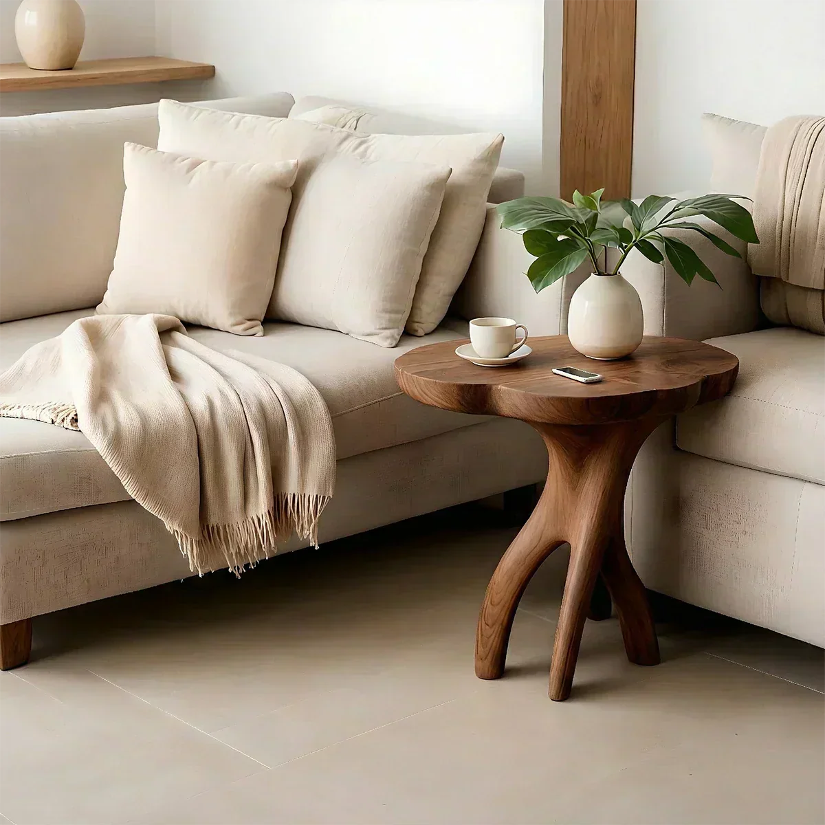 Solid Wood Accent Table – Modern Sculptural Tri-Branch Design - Woodenecho