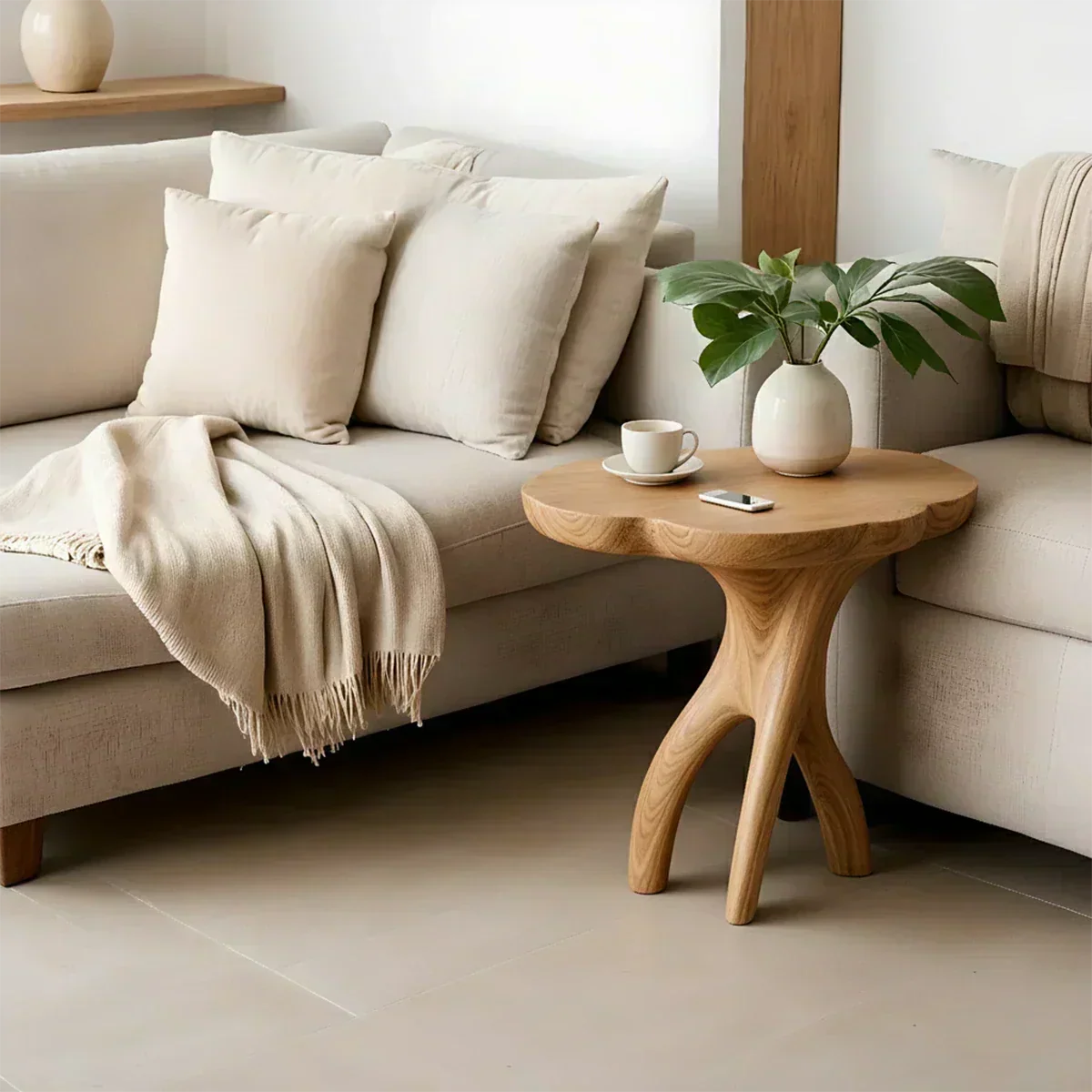 Solid Wood Accent Table – Modern Sculptural Tri-Branch Design - Woodenecho