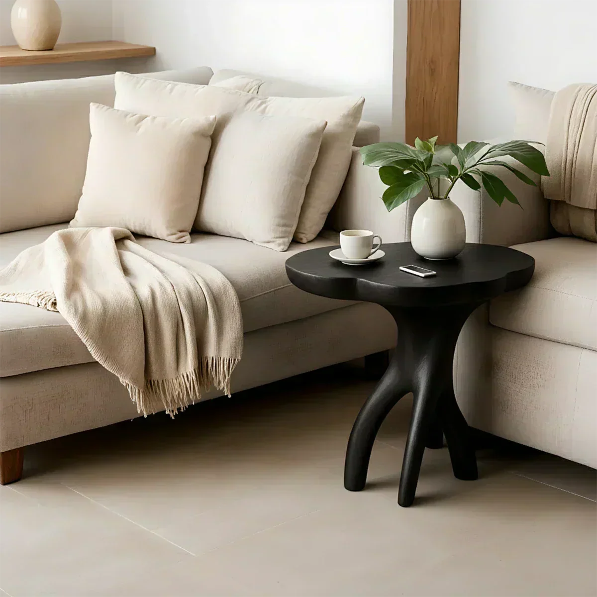 Solid Wood Accent Table – Modern Sculptural Tri-Branch Design - Woodenecho