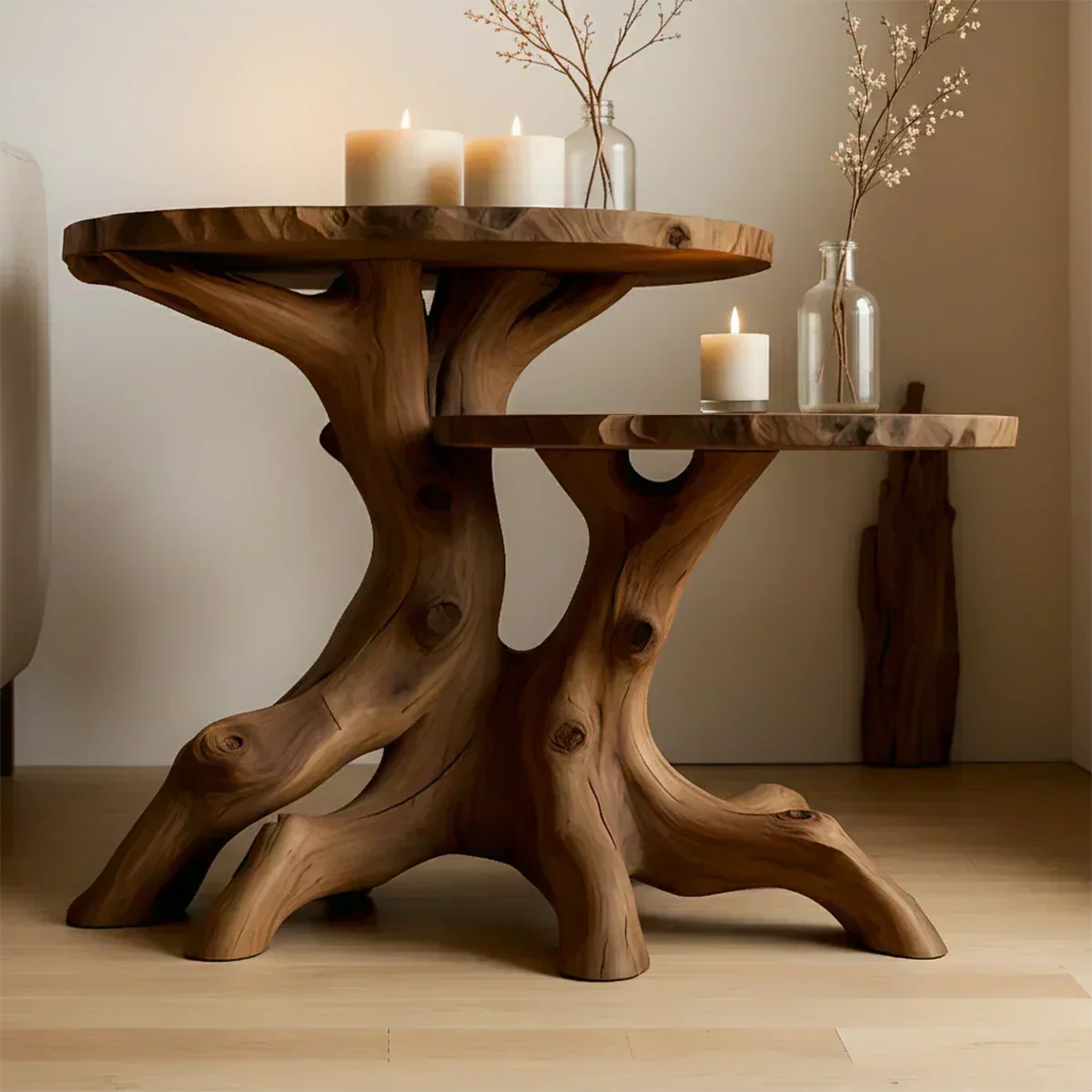 Solid Wood Accent Table Set – Modern Sculptural Rooted Branchform Design - Woodenecho