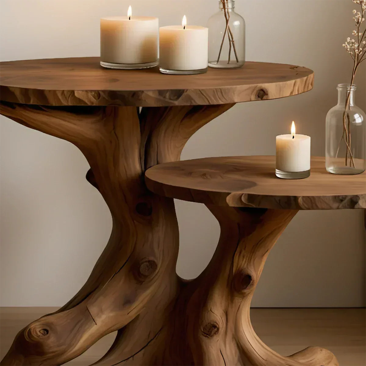 Solid Wood Accent Table Set – Modern Sculptural Rooted Branchform Design - Woodenecho