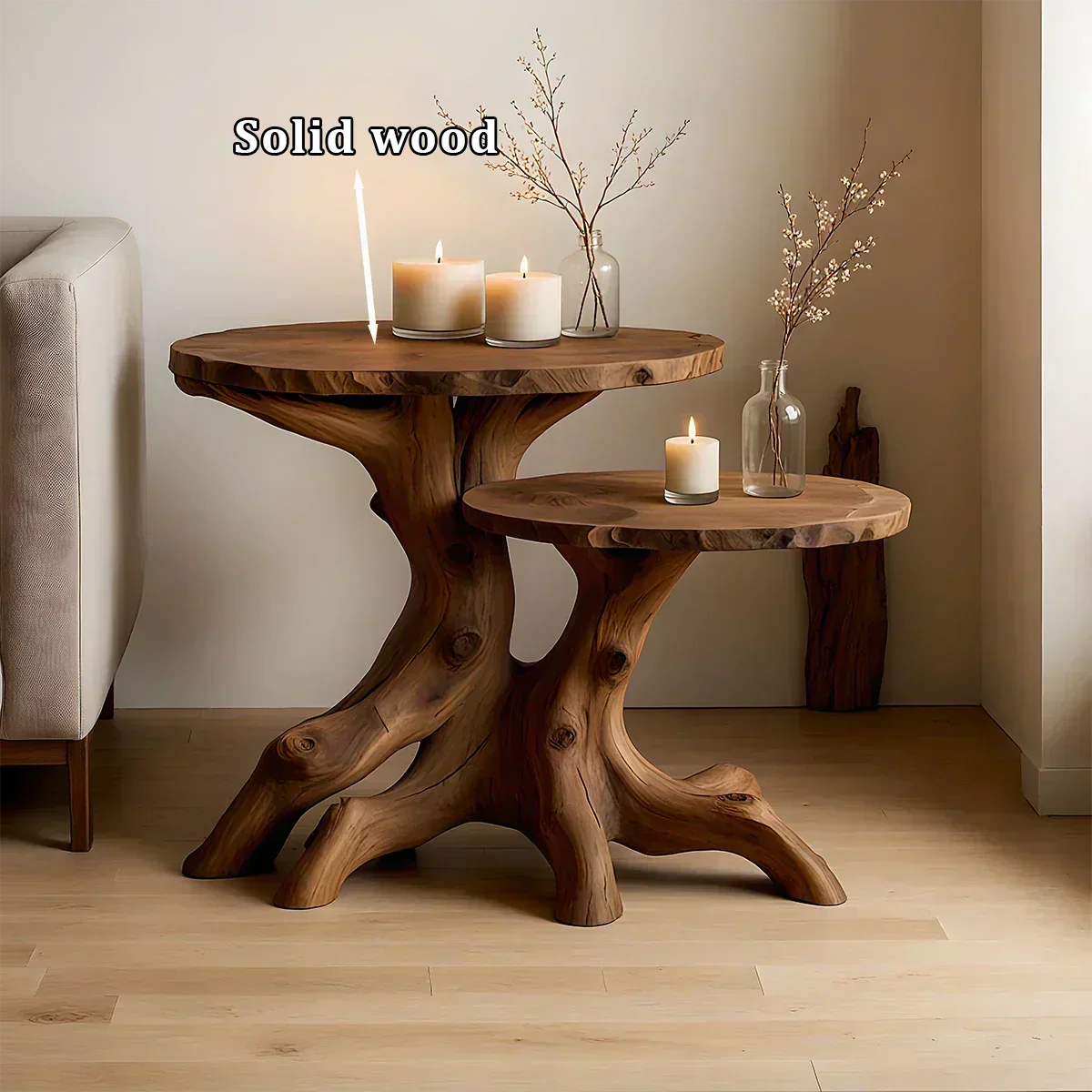 Solid Wood Accent Table Set – Modern Sculptural Rooted Branchform Design - Woodenecho