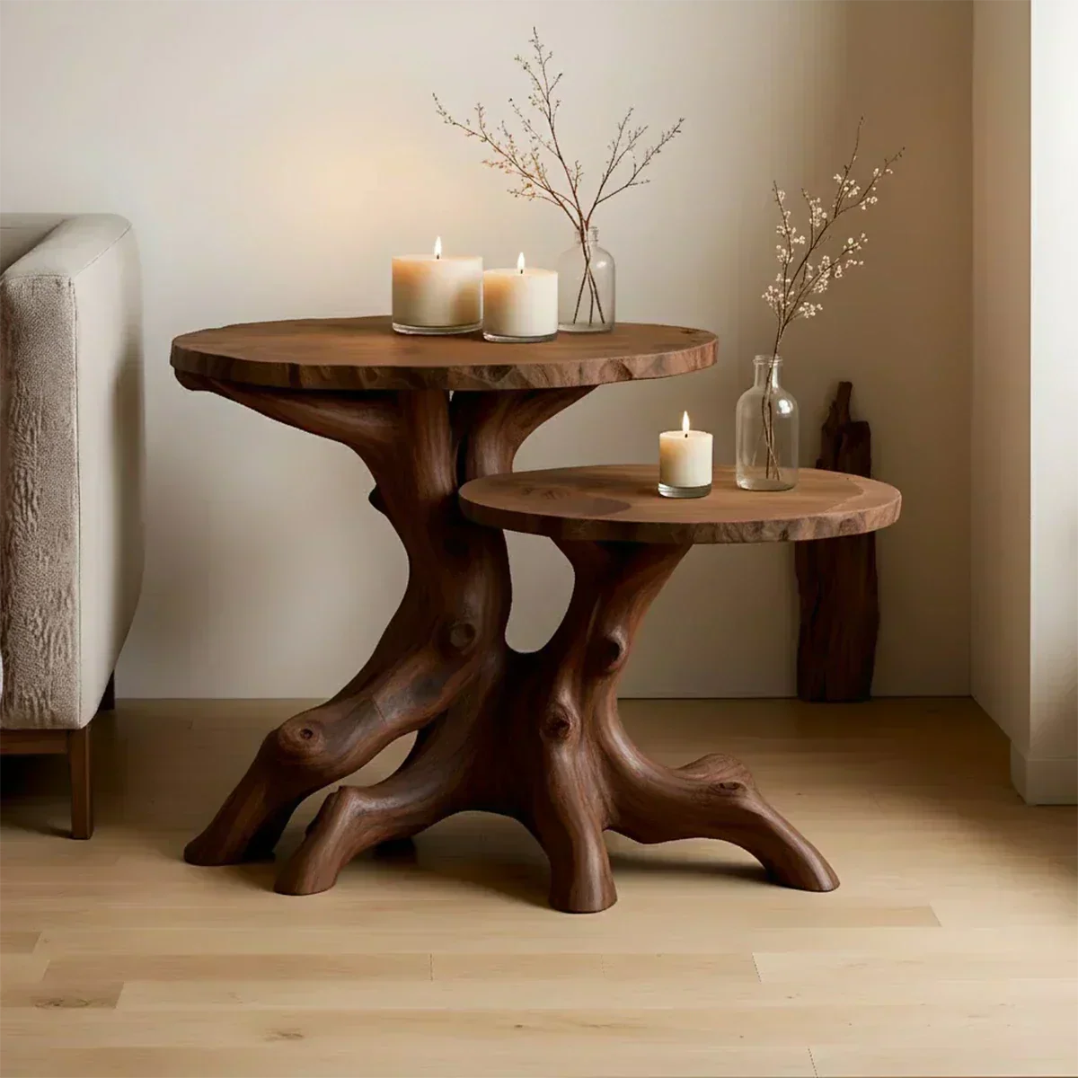 Solid Wood Accent Table Set – Modern Sculptural Rooted Branchform Design - Woodenecho