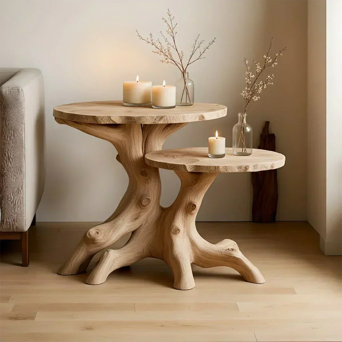 Solid Wood Accent Table Set – Modern Sculptural Rooted Branchform Design - Woodenecho