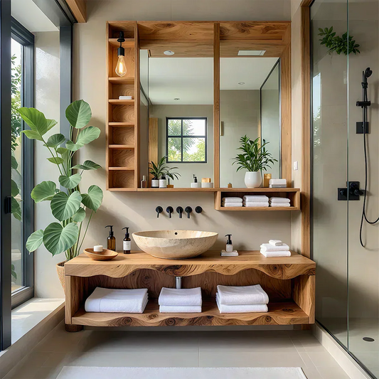 Solid Wood Bathroom Vanity with Open Shelves – Japandi Spa Console - Elitegemse