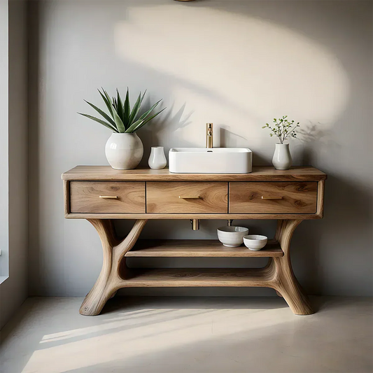Solid Wood Bathroom Vanity with Sculpted Base & Storage Drawers - Elitegemse
