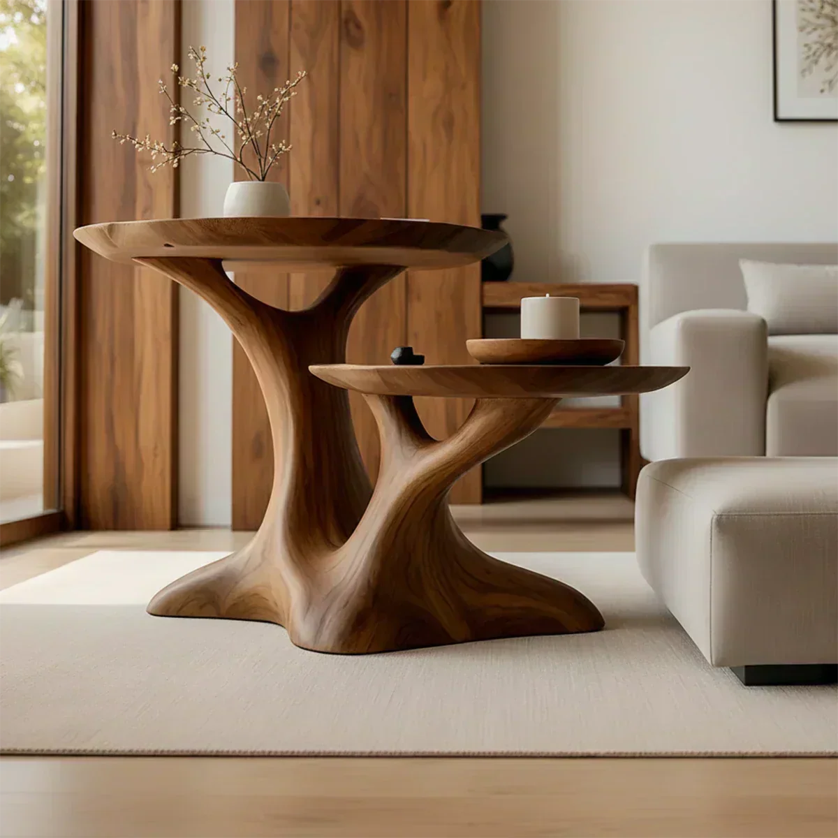 Solid Wood Center Table Set – Modern Sculptural Rooted Branchform Design - Woodenecho