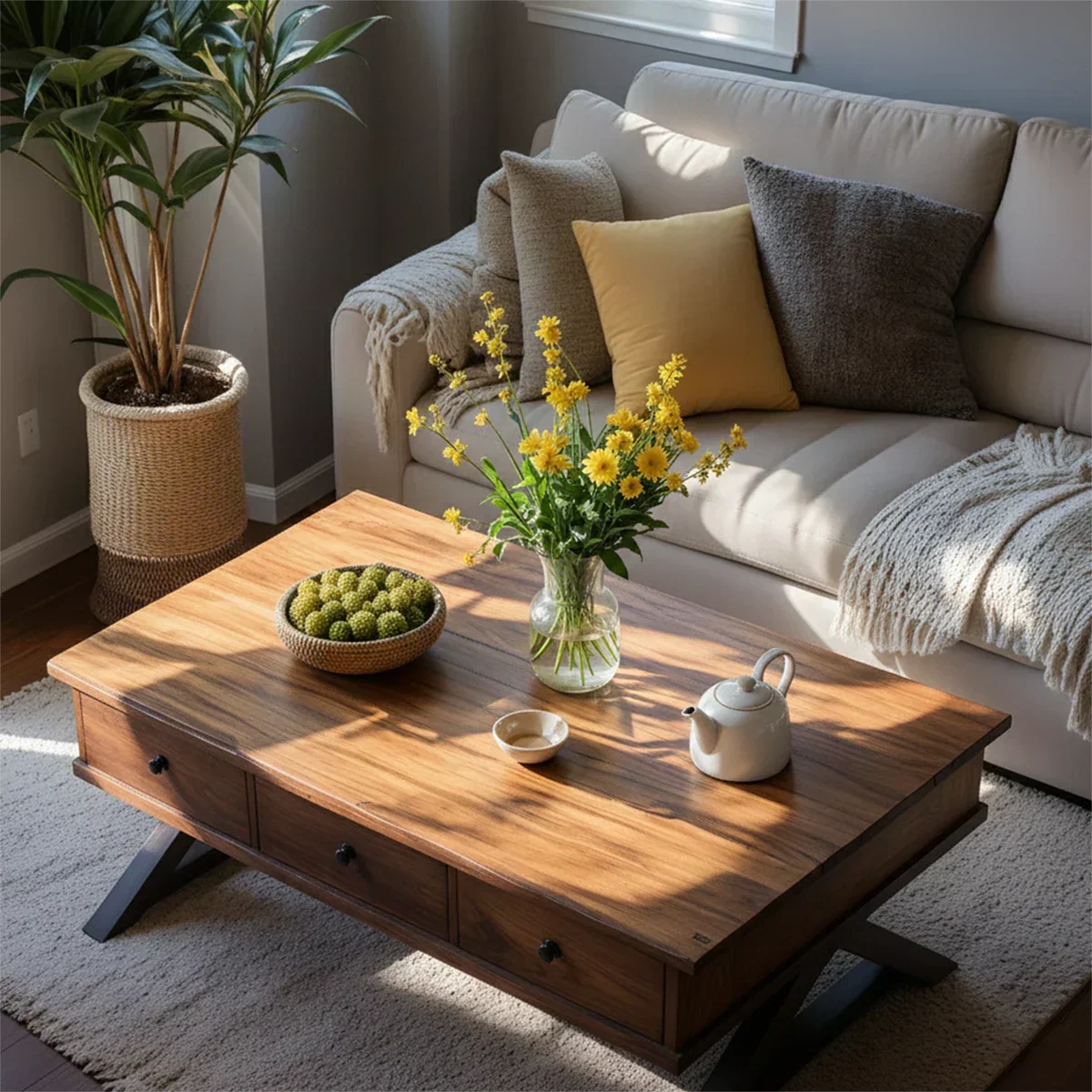 Solid Wood Coffee Table with Drawers – Minimalist Storage Coffee Table - Rustirawood