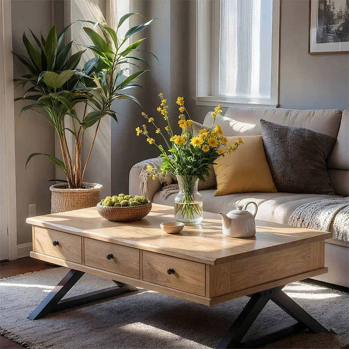 Solid Wood Coffee Table with Drawers – Minimalist Storage Coffee Table - Rustirawood