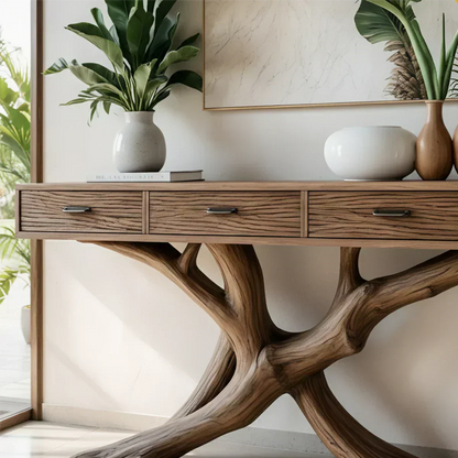 Solid Wood Console Table with Branch-Inspired Sculptural Base & Drawers - Rustirawood