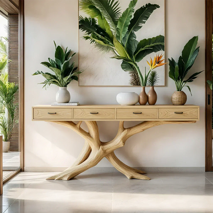 Solid Wood Console Table with Branch-Inspired Sculptural Base & Drawers - Rustirawood