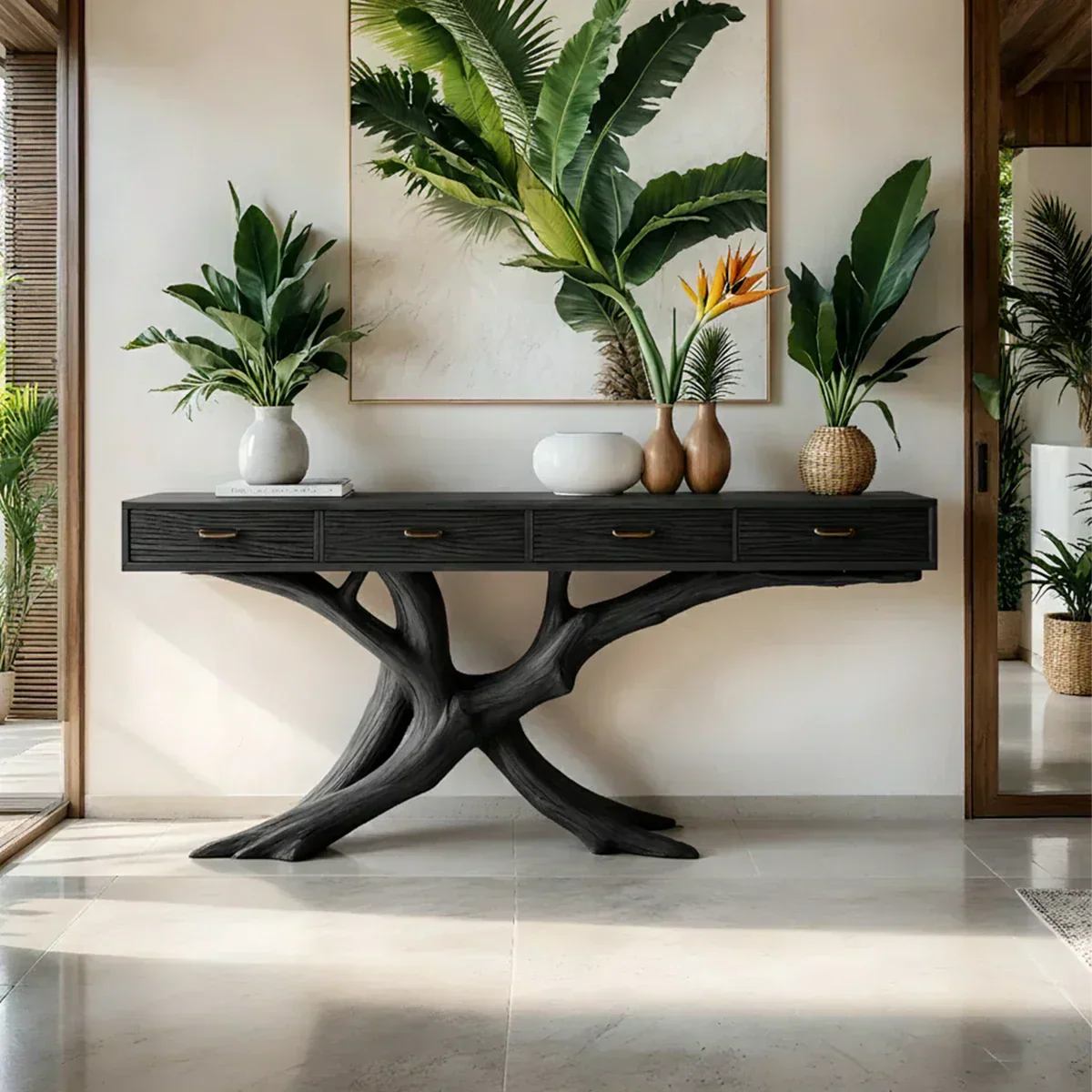 Solid Wood Console Table with Branch-Inspired Sculptural Base & Drawers - Rustirawood