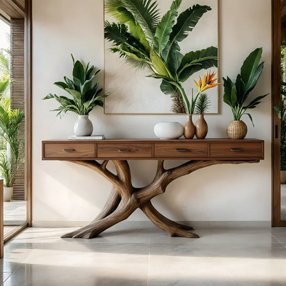 Solid Wood Console Table with Branch-Inspired Sculptural Base & Drawers - Rustirawood