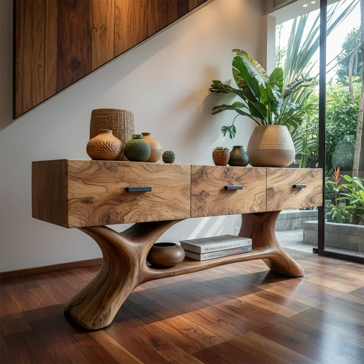 Solid Wood Console Table with Organic Sculptural Base & Drawers - Rustirawood