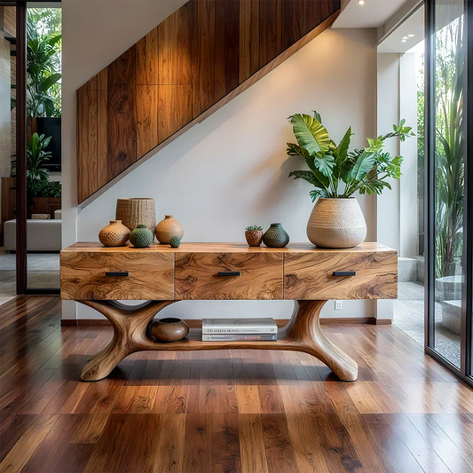 Solid Wood Console Table with Organic Sculptural Base & Drawers - Woodenecho
