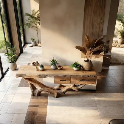 Solid Wood Console Table with Raw-Edge Top & Sculpted Root-Form Base - Rustirawood
