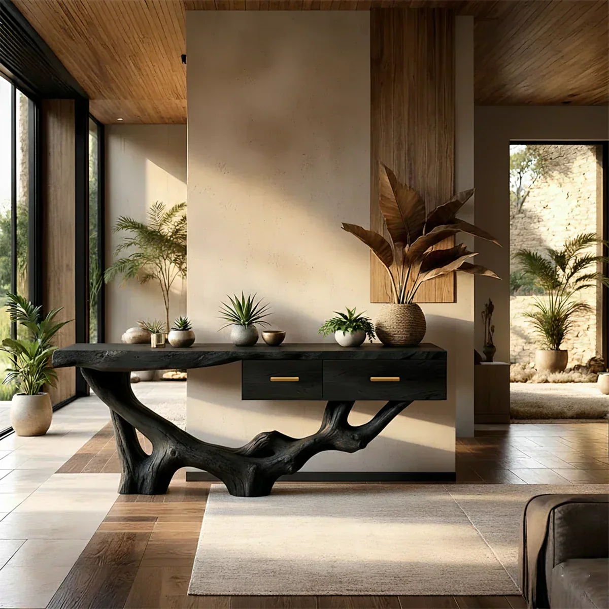 Solid Wood Console Table with Raw-Edge Top & Sculpted Root-Form Base - Rustirawood