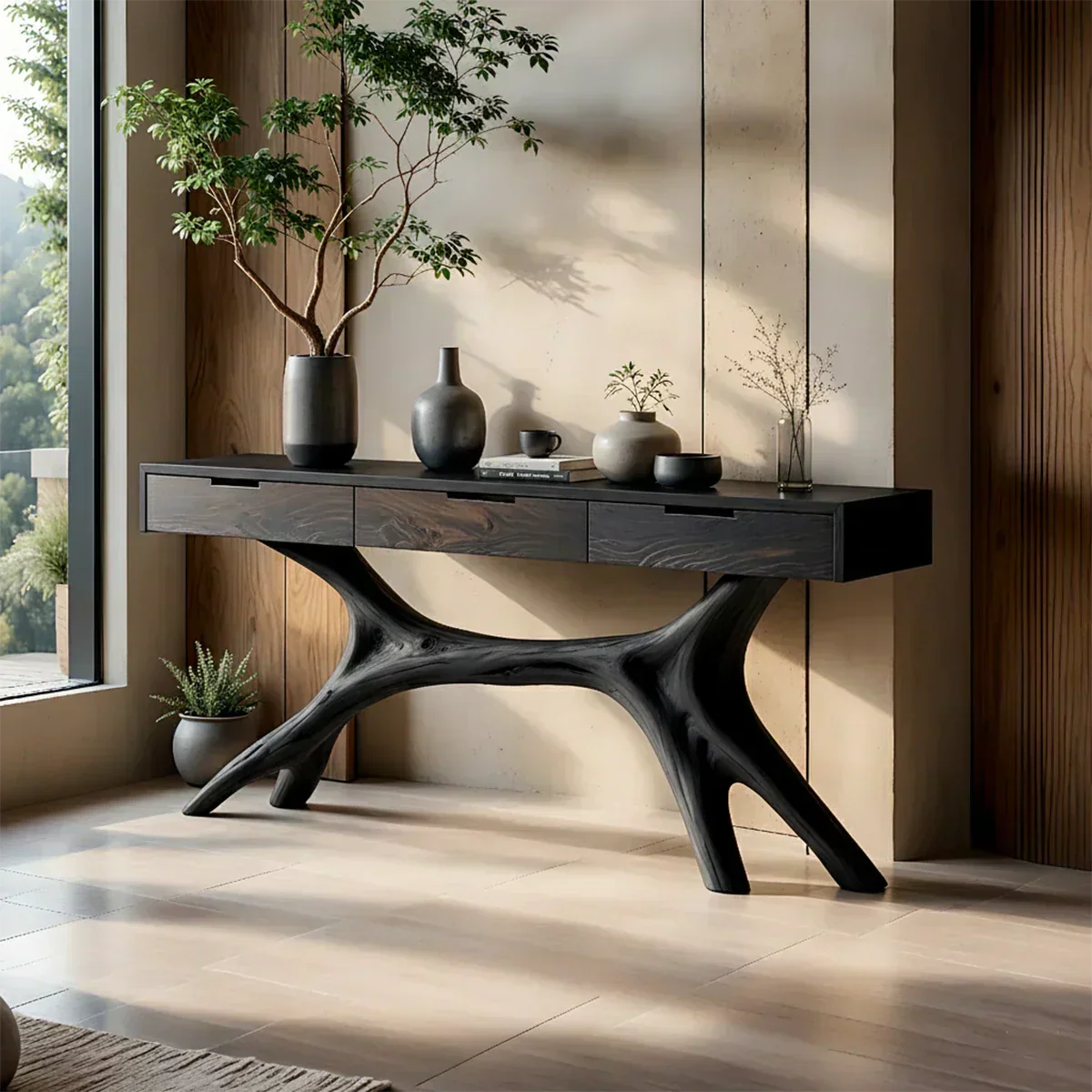 Solid Wood Console Table with Sculptural Branch-Form Base & Drawers - Rustirawood